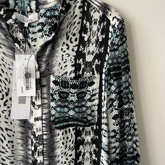 Parker SILK Long Sleeve Patterned Casual Blouse Moccasin Black White Medium NEW - Picture 5 of 12